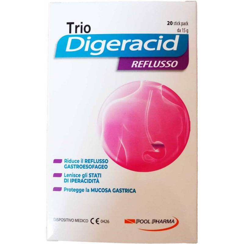 Pool Pharma Trio Digeracid Reflusso Integratore per il Reflusso Gastroesofageo 20 stickpack