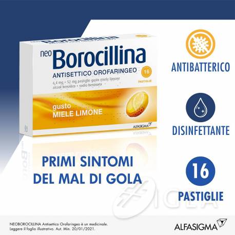 Neoborocillina Antisettico Orofaringeo 6,4 mg + 52 mg - Miele e Limone 16 Pastiglie