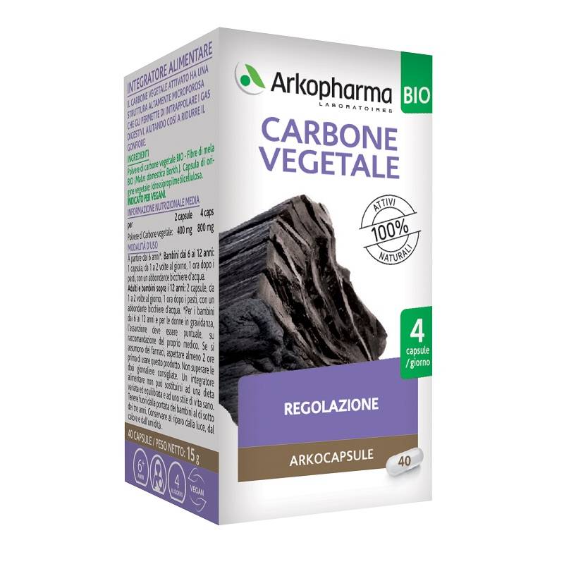 Arkopharma Arko Capsule Carbone Vegetale Biologico a base di carbone vegetale utile per il benessere della digestione 40 capsule