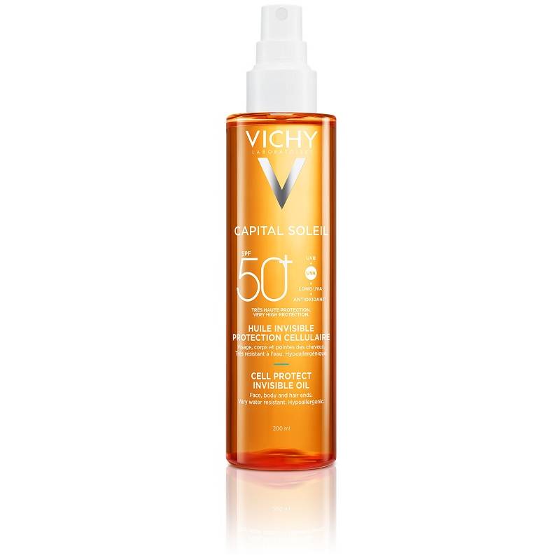 Vichy Capital Soleil Cell Protect Olio Secco Spray Invisibile spf50+ per Viso Corpo e Capelli 200 ml