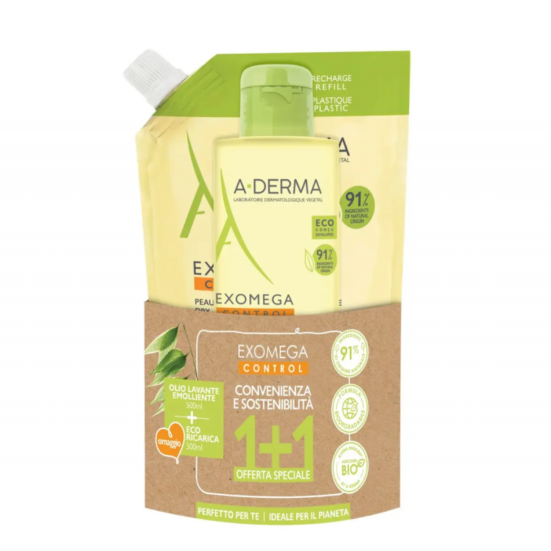 A-Derma Exomega Kit Detersione Eco Friendly 1 Olio Exomega Collector 500 ml+ 1 Ecoricarica Olio Exomega 500 ml