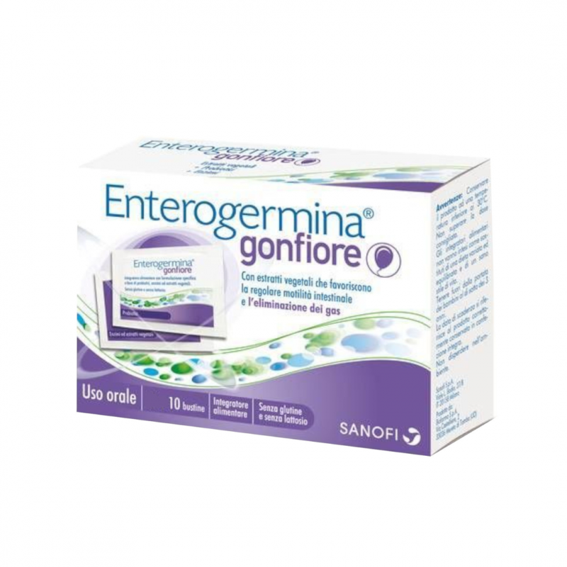 10 bustine di Enterogermina Gonfiore per eliminare i gas addominali.